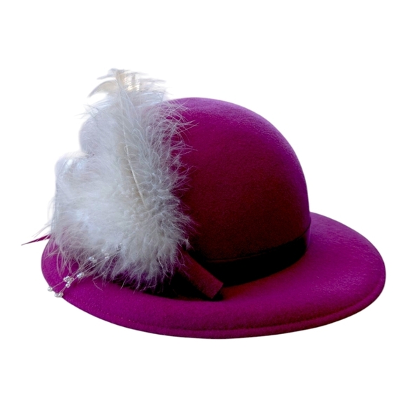 Vintage Bollman Doeskin 100%Wool Felt Hat Fascinator Pink Fuschia Feather Ribbon - Picture 2 of 9